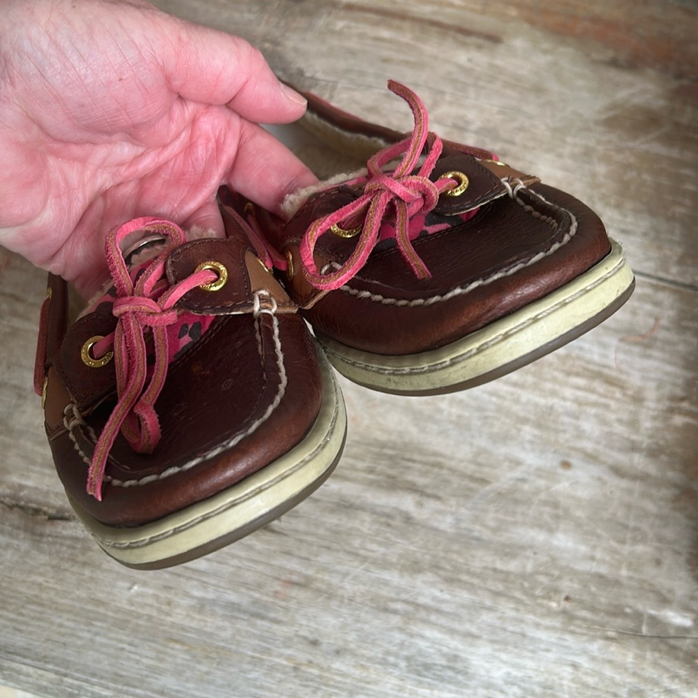 Sperry Brown Boat Shoes with Pink Leopard Print Sz women’s 6 M - Picture 6 of 10